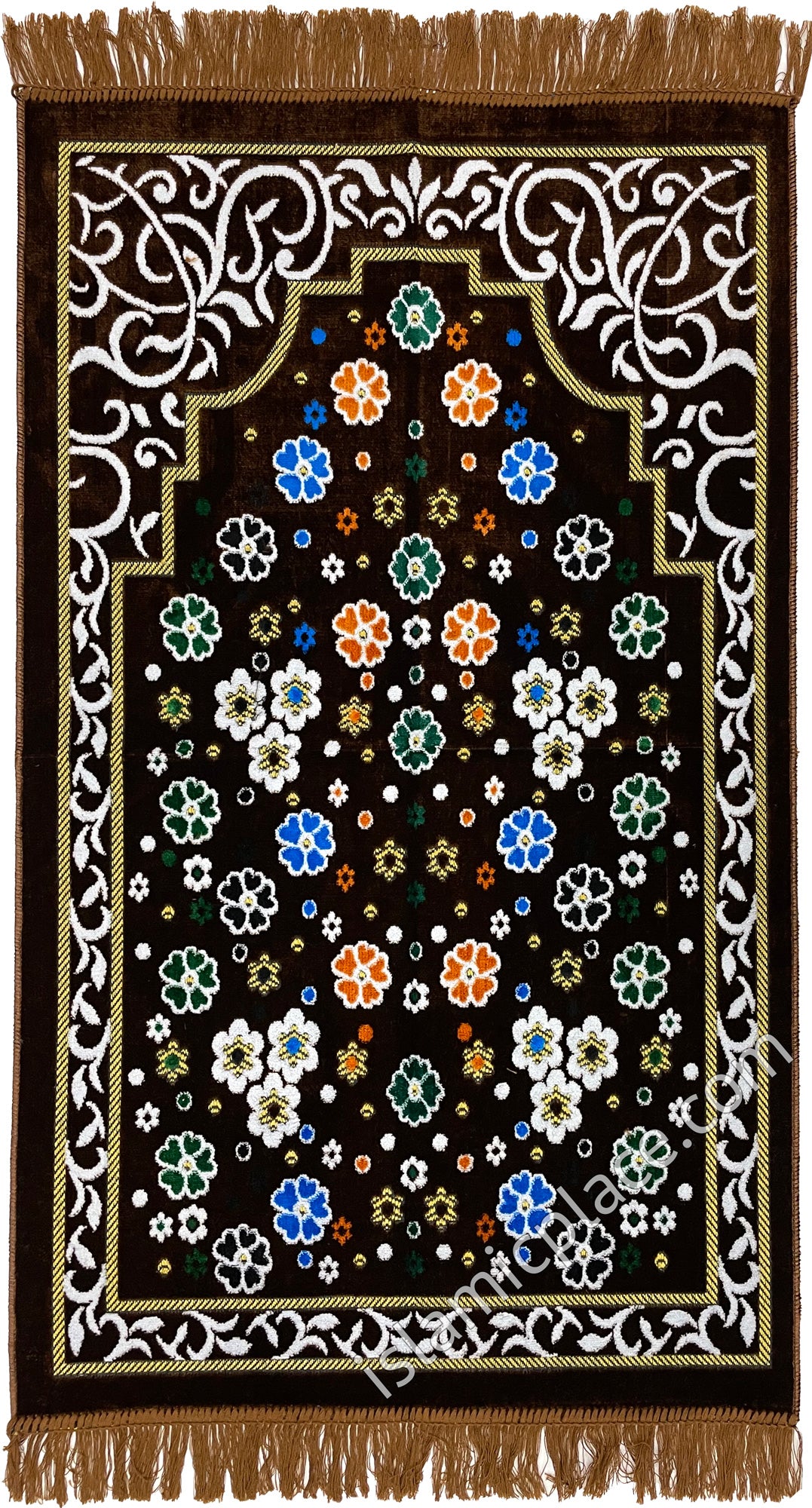 Brown Prayer Rug with Floral Paradise Mihrab