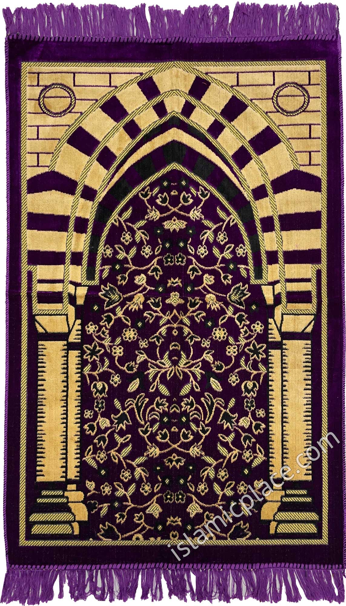 Purple and Tan Prayer Rug with Medina Mihrab