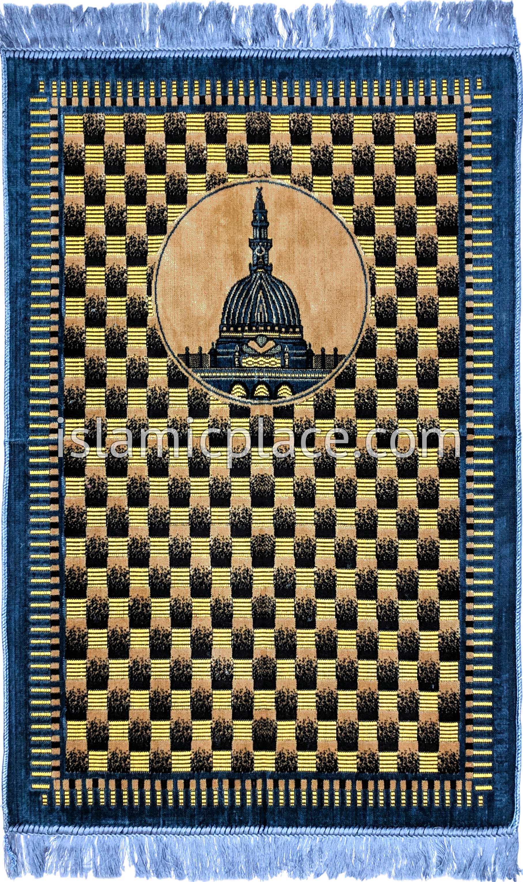 Checkered Teal, Black & Gold  Prayer Rug with Mosque