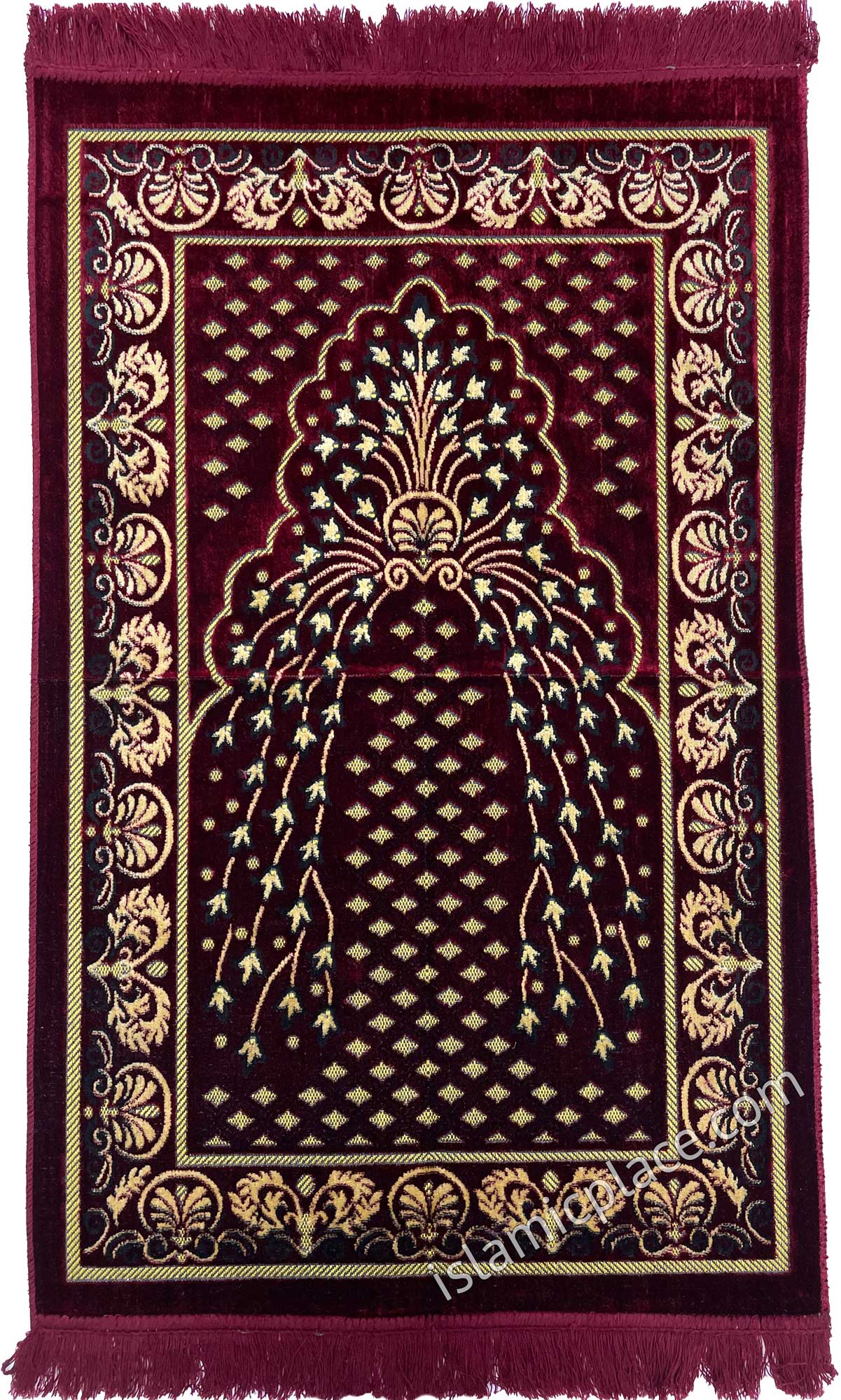 Burgundy Prayer Rug with Peacock Mihrab