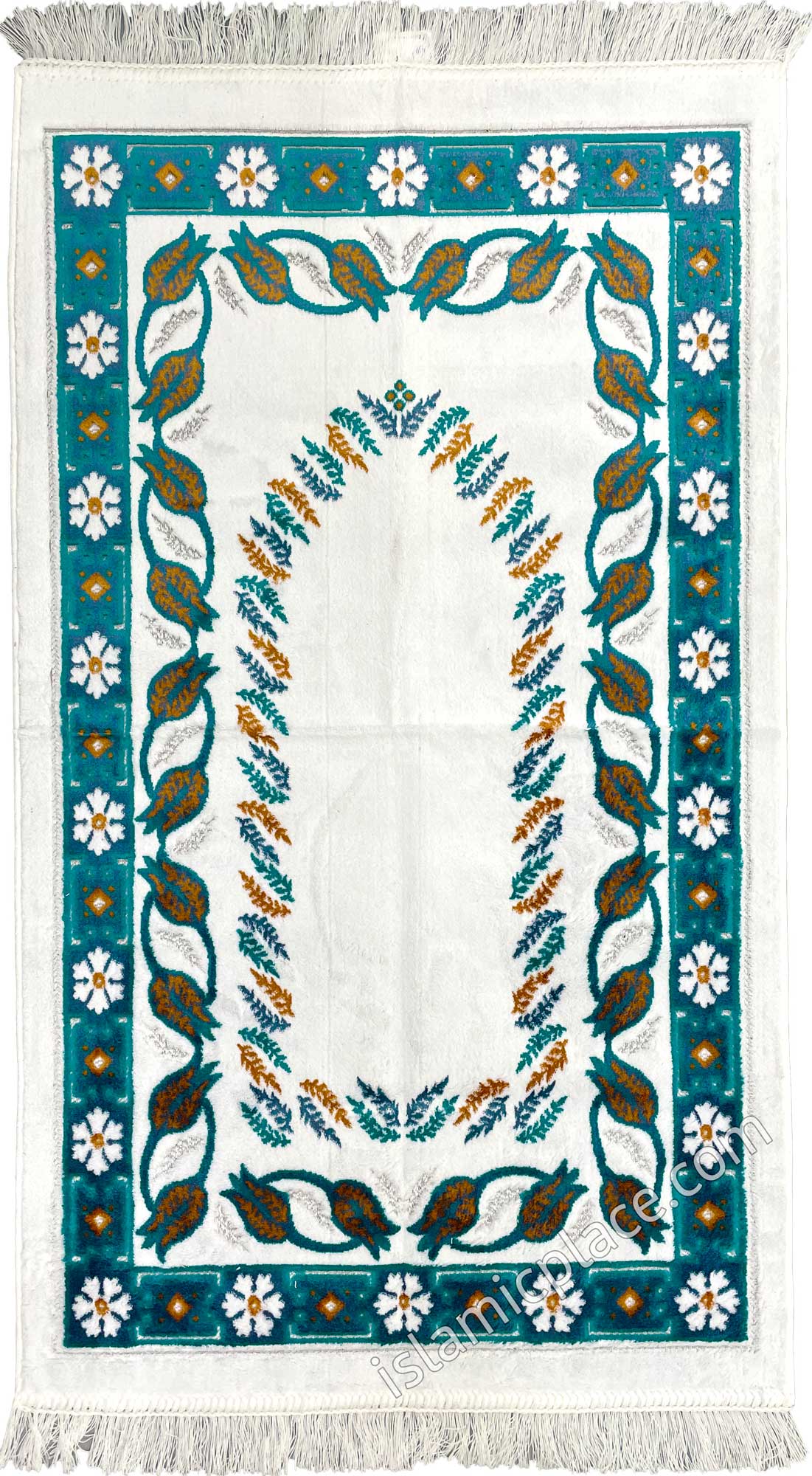 White Prayer Rug with Teal Blue, Gray and Rust Tulip Mihrab Design - Thick & Heavy