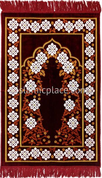 Burgundy, Rust and White Prayer Rug with Floral Gateway Mihrab