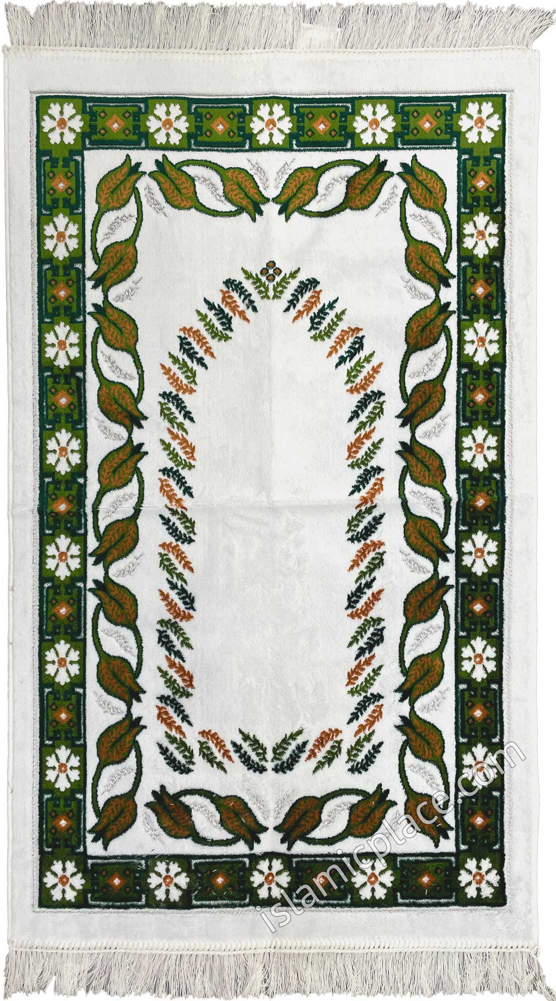 White Prayer Rug with Hunter Green, Olive and Orange Tulip Mihrab Design - Thick & Heavy