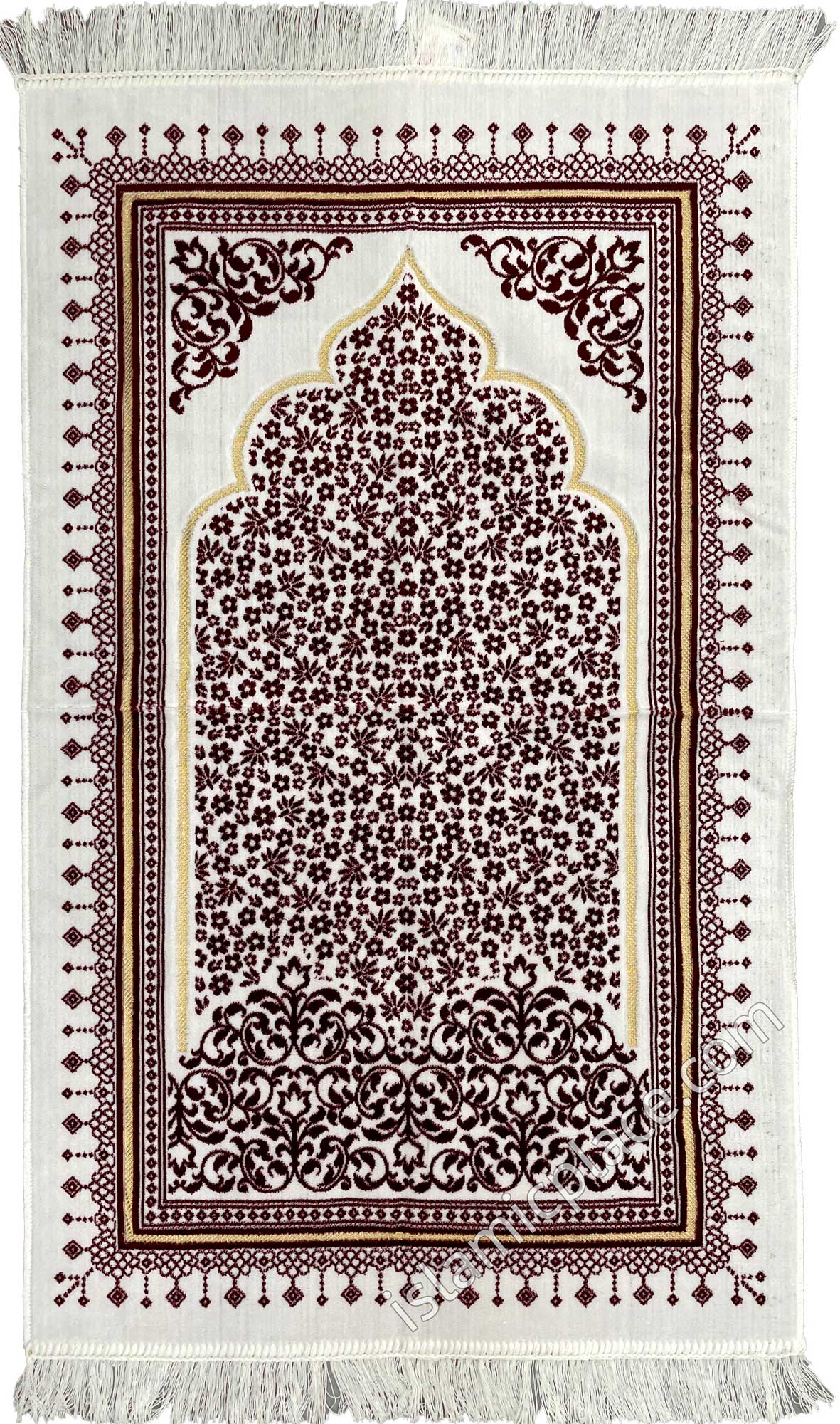 White and Burgundy Prayer Rug with Intricate Golden Mihrab Design - Thick & Heavy
