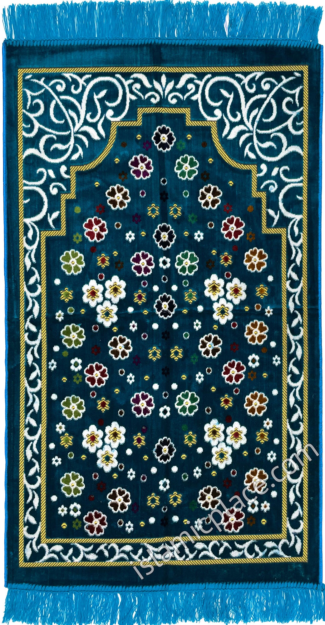 Teal Blue Prayer Rug with Floral Paradise Mihrab