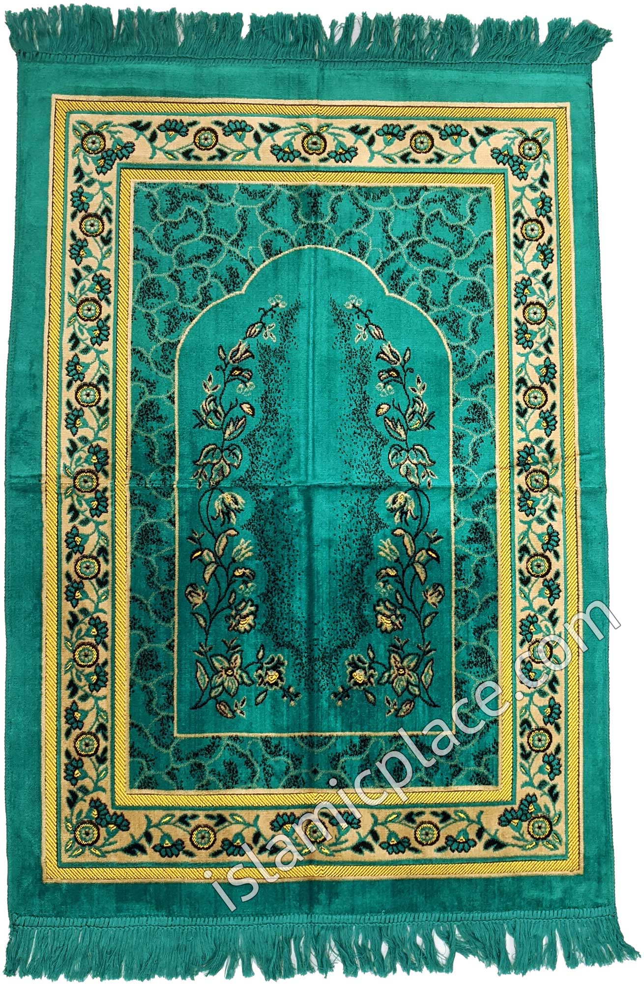 Turquoise, Tan and Gold Prayer Rug With Garden Mihrab (Big & Tall size)