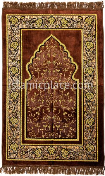 Brown, Gold and Navy Vine Mihrab Prayer Rug (Big &amp; Tall size)