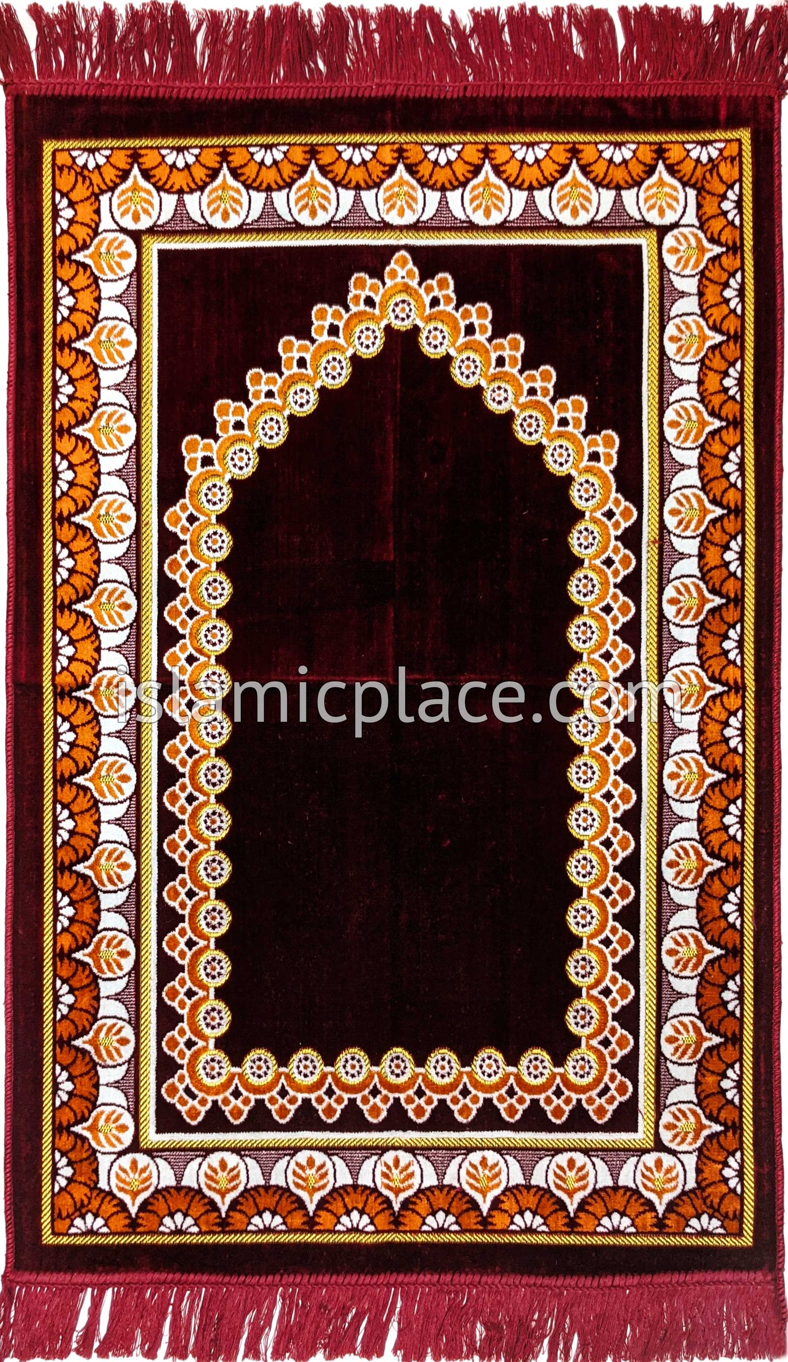 Burgundy, Rust, and White Prayer Rug with Scallop Mihrab