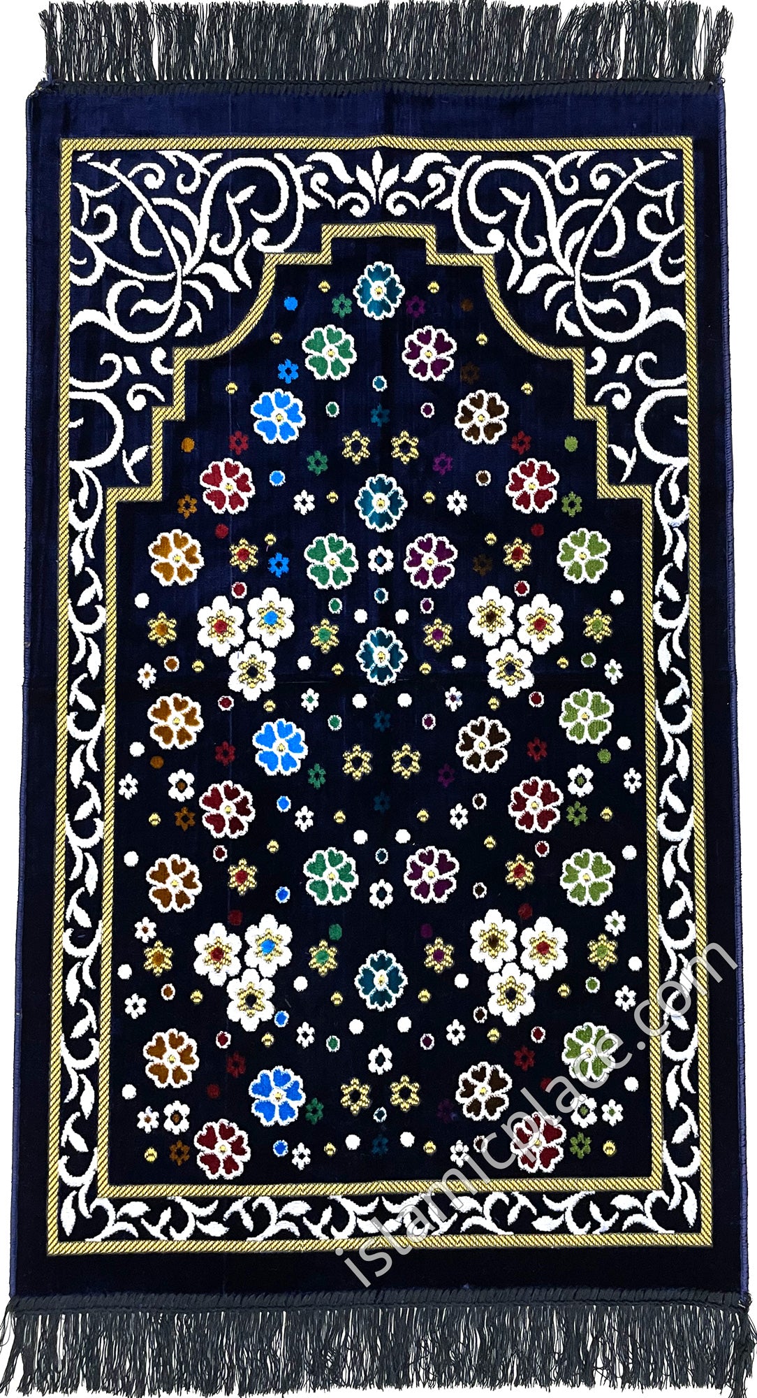 Navy Blue Prayer Rug with Floral Paradise Mihrab