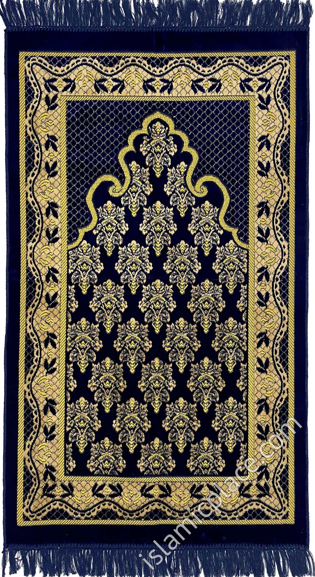 Navy Blue and Tan Prayer Rug with Victorian Mihrab
