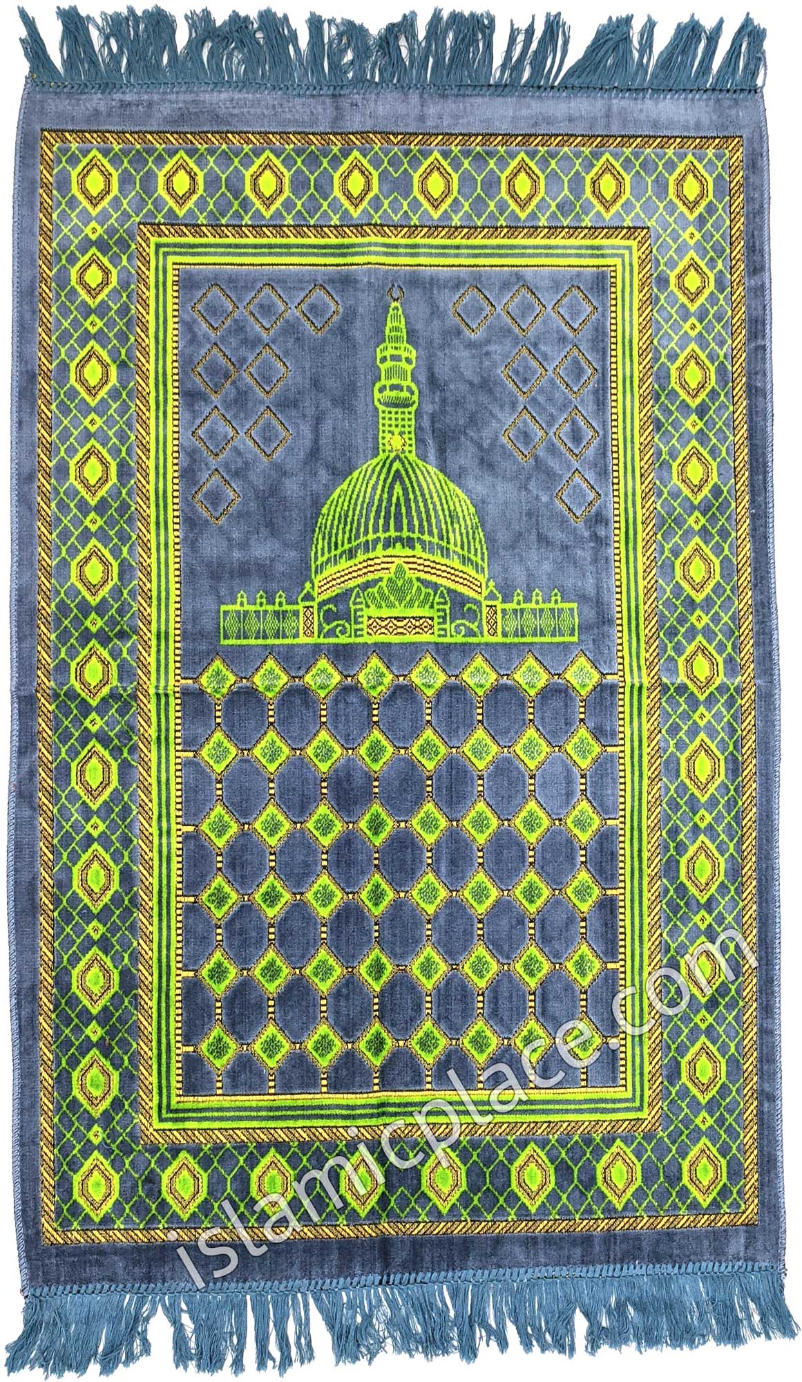 Denim Blue and Lime Green Prayer Rug with Mosque