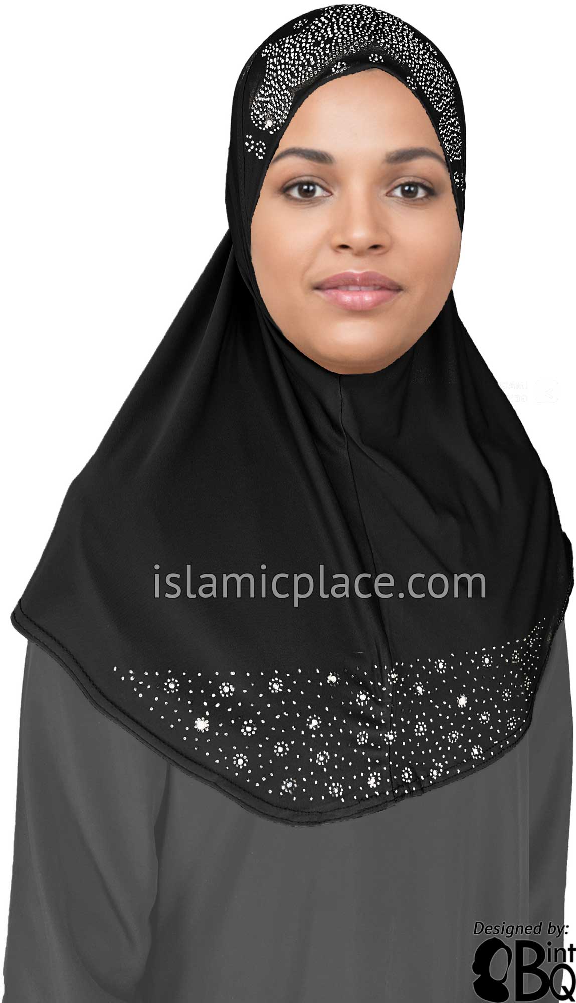 Black - Luxurious Lycra Hijab Al-Amira with Silver Rhinestones Teen to Adult (Large)