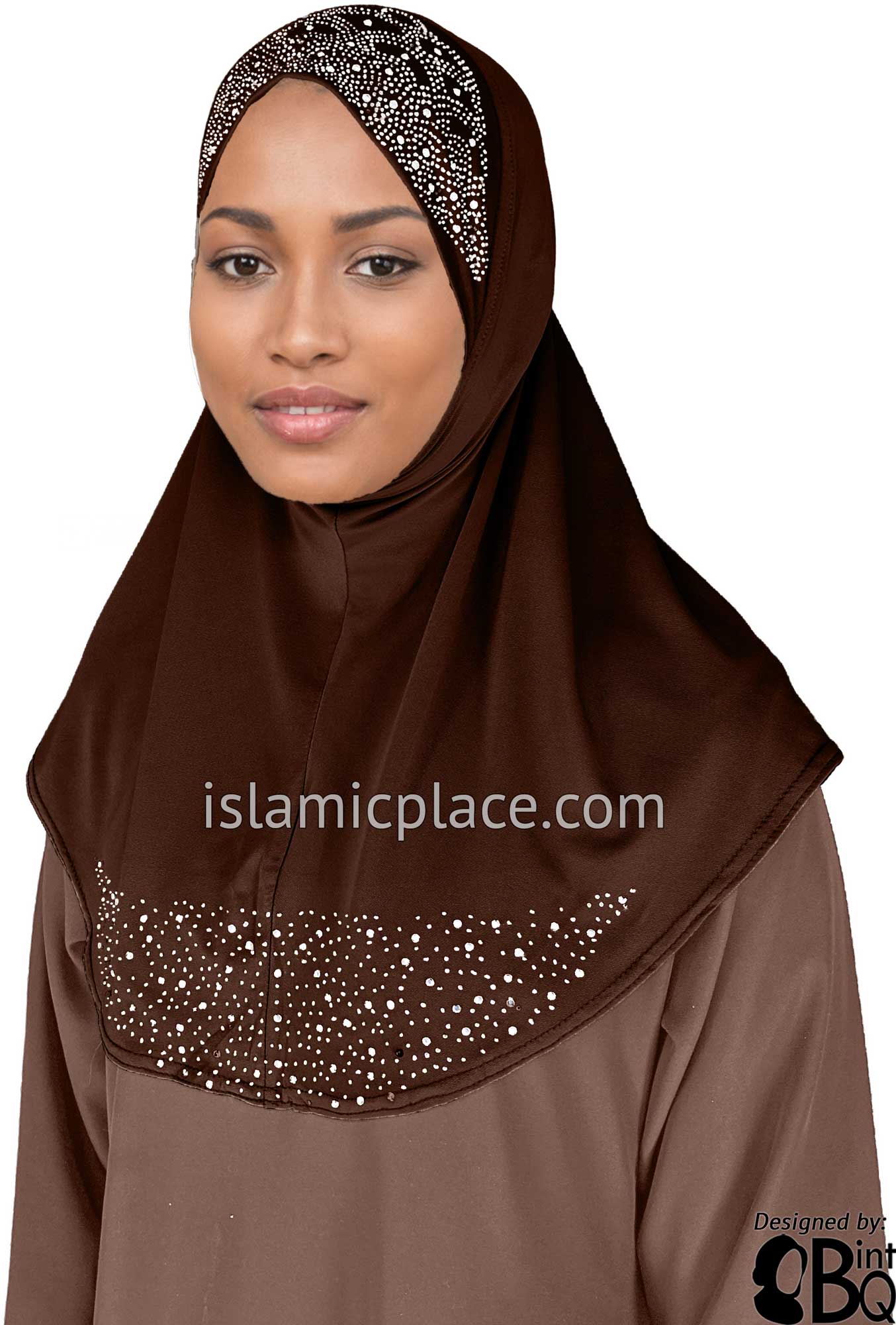 Brown - Luxurious Lycra Hijab Al-Amira with Silver Rhinestones Teen to Adult (Large)