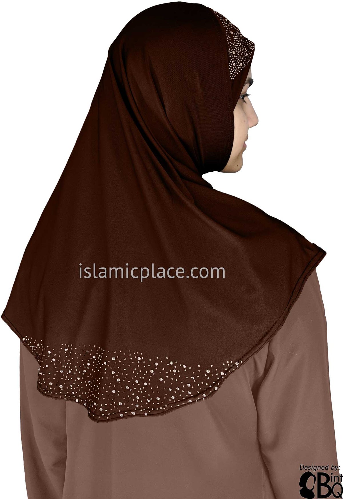 Brown - Luxurious Lycra Hijab Al-Amira with Silver Rhinestones Teen to Adult (Large)