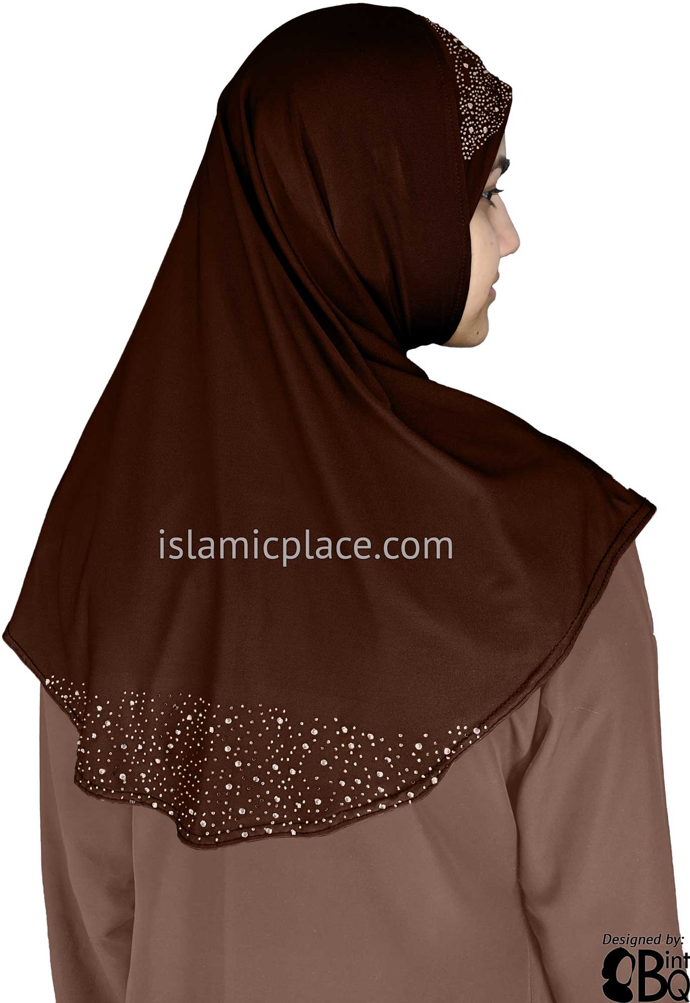 Brown - Luxurious Lycra Hijab Al-Amira with Silver Rhinestones Teen to Adult (Large)