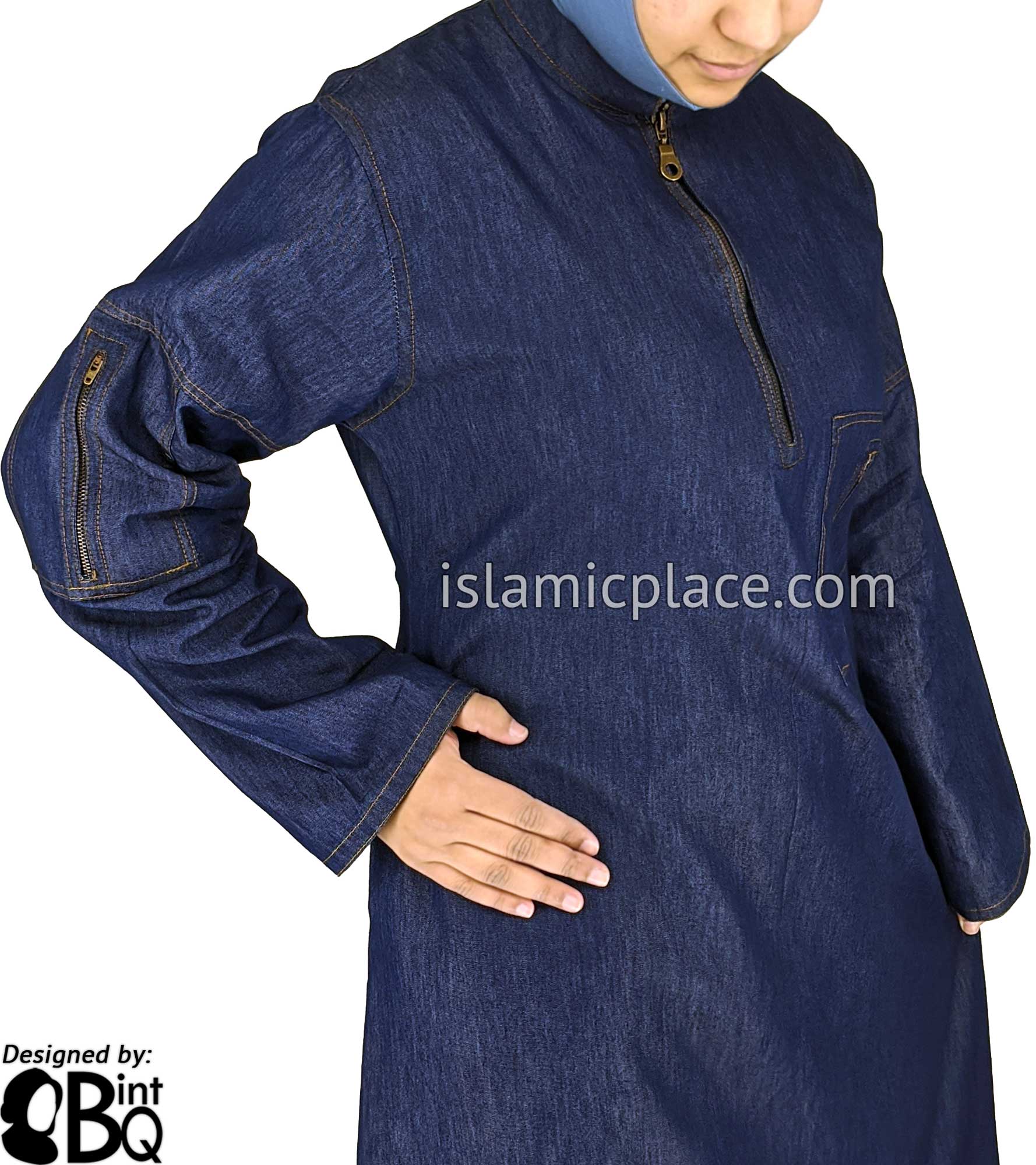 Zaitoon Zipper Pocket Blue Denim Abaya - BQ71