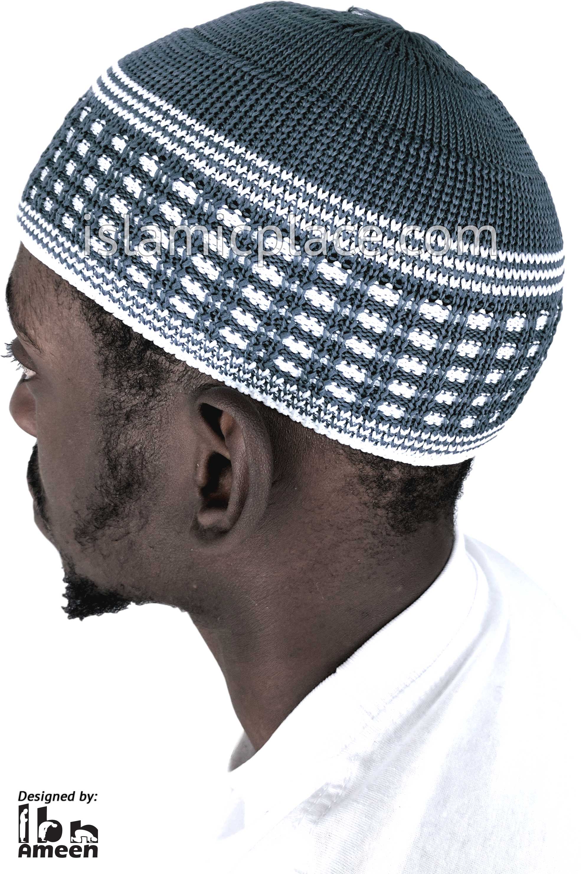 Denim Blue & White - Elastic Knitted Ameen Designer Kufi