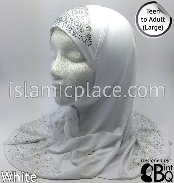 White - Luxurious Lycra Hijab Al-Amira with Silver Rhinestones Teen to Adult (Large)