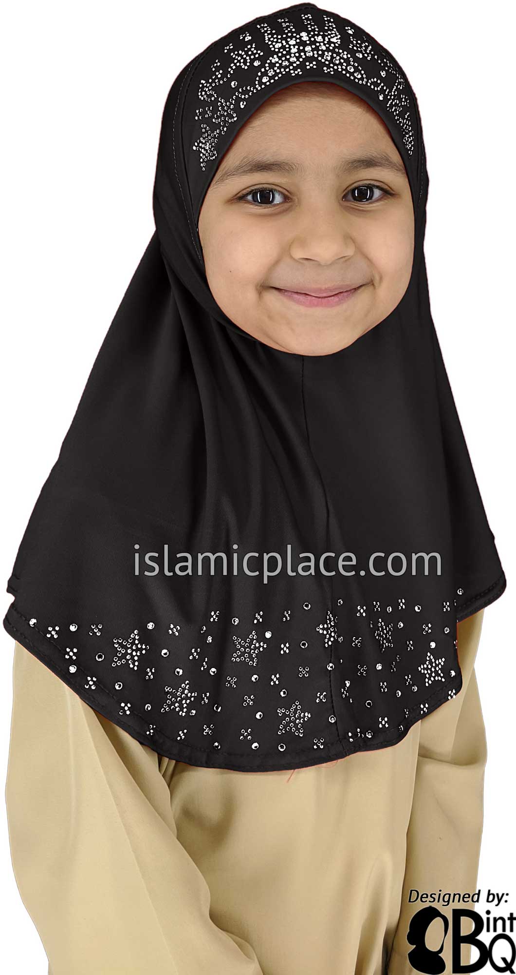 Black - Luxurious Lycra Hijab Al-Amira with Silver Rhinestones - Girl size (1-piece)