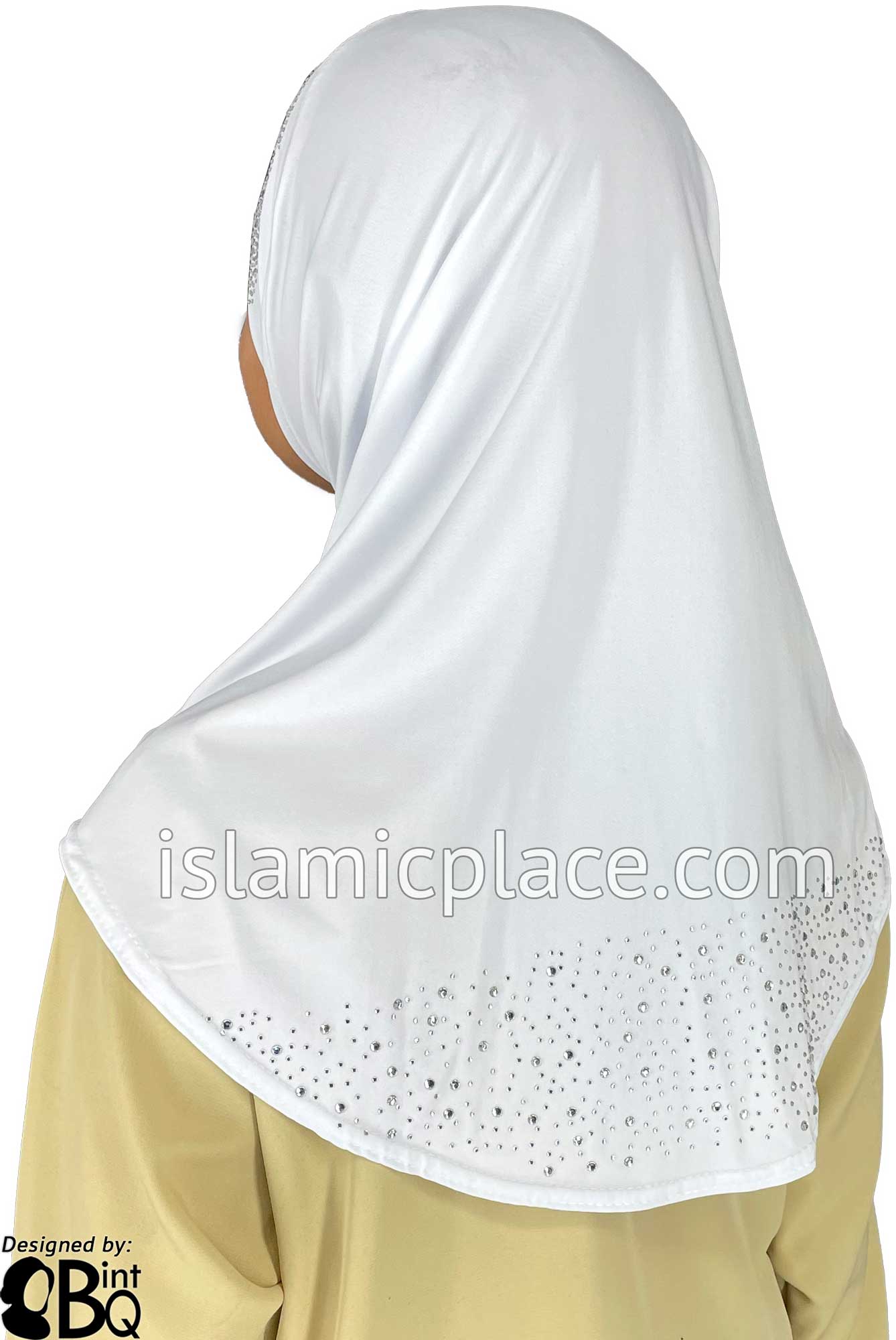 White - Luxurious Lycra Hijab Al-Amira with Silver Rhinestones - Girl size (1-piece)
