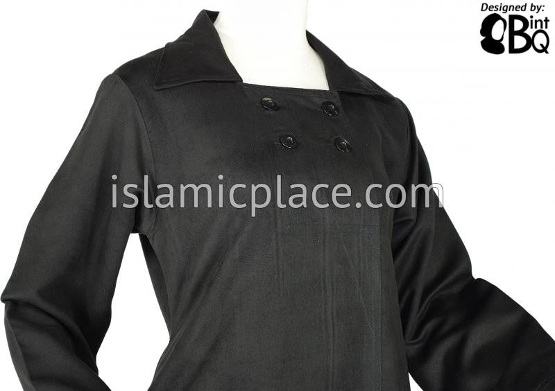 Black - Four-Button Abaya in Suede Fabric by BintQ - BQ146