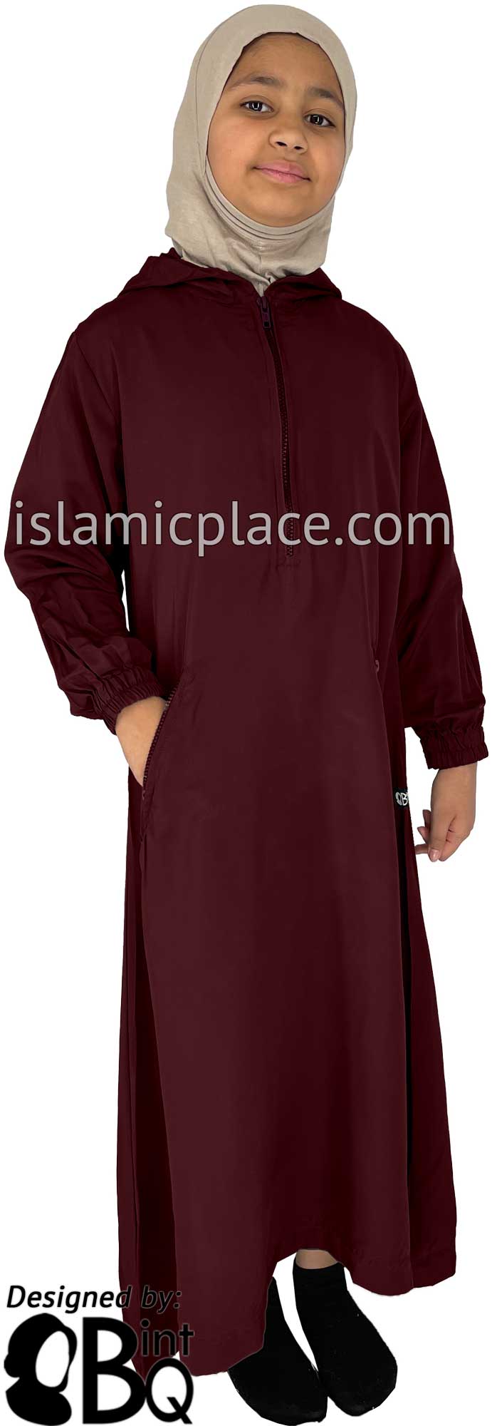 Burgundy - Girl's Athletic Style Hooded Abaya by BintQ - BQ85