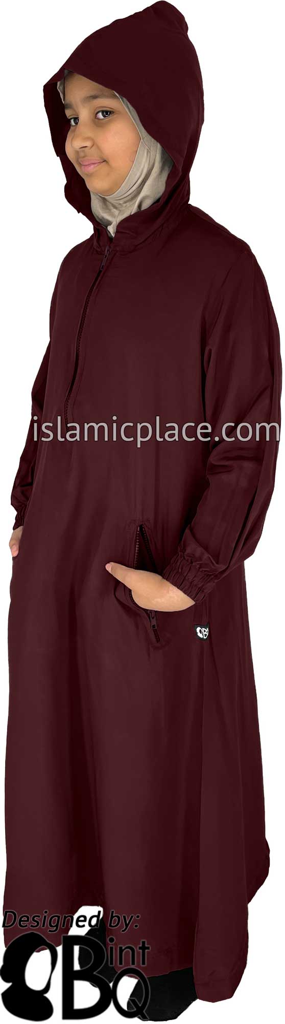 Burgundy - Girl's Athletic Style Hooded Abaya by BintQ - BQ85