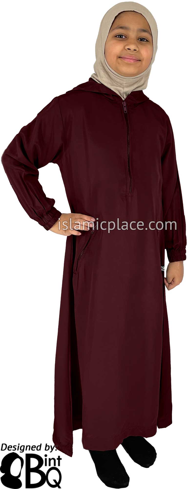 Burgundy - Girl's Athletic Style Hooded Abaya by BintQ - BQ85