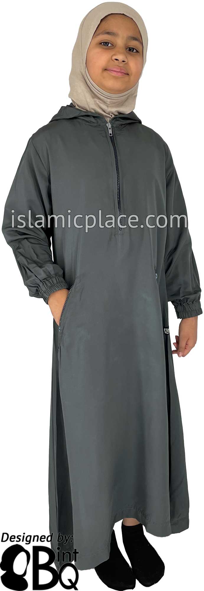 Gray - Girl's Athletic Style Hooded Abaya by BintQ - BQ85