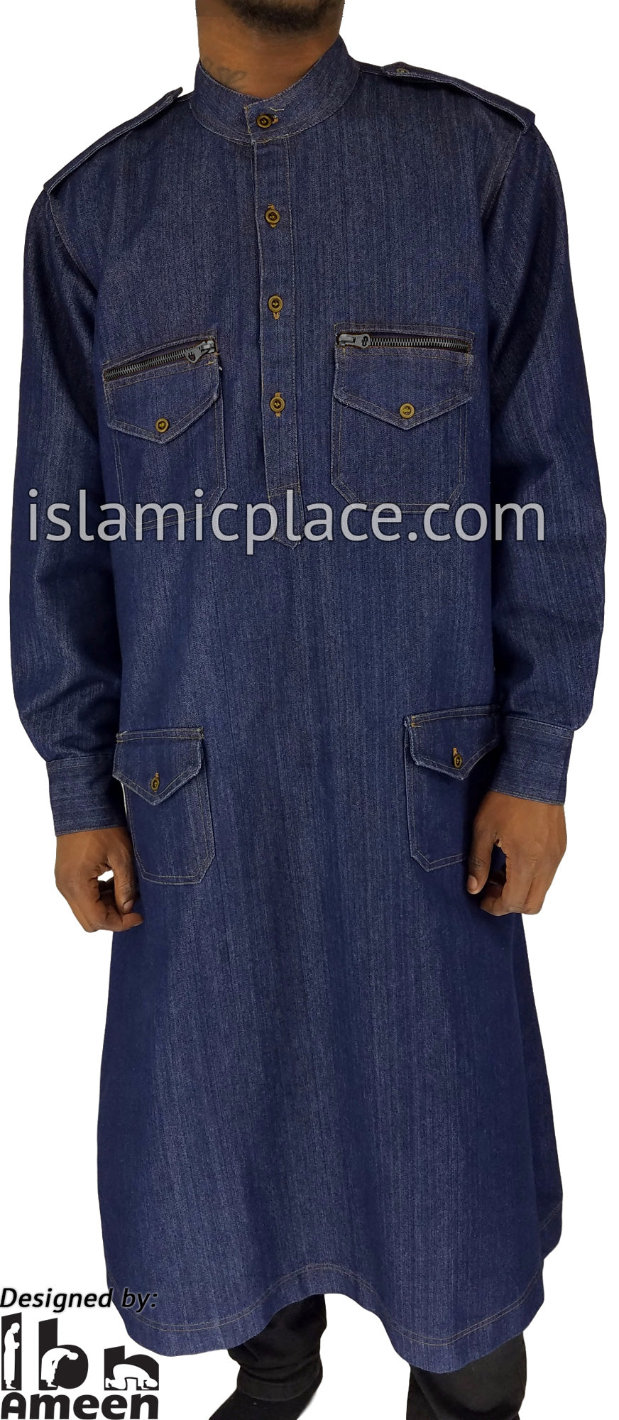Blue Denim - Saeed Men Thob with Zipper Pockets by Ibn Ameen - IA15