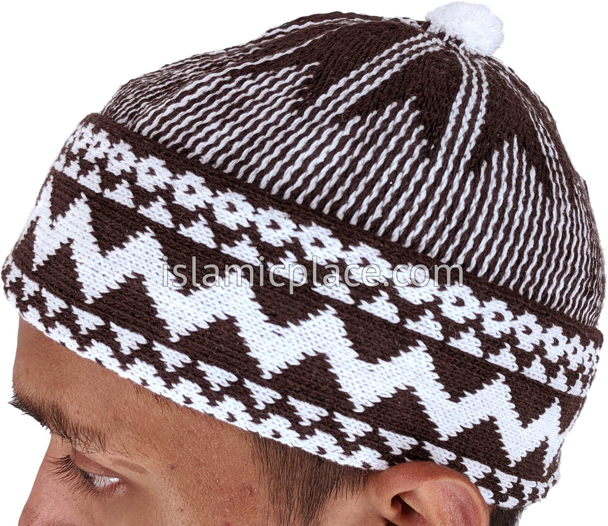 Brown &amp; White - Warm Knitted Talib Zigzag Style Kufi