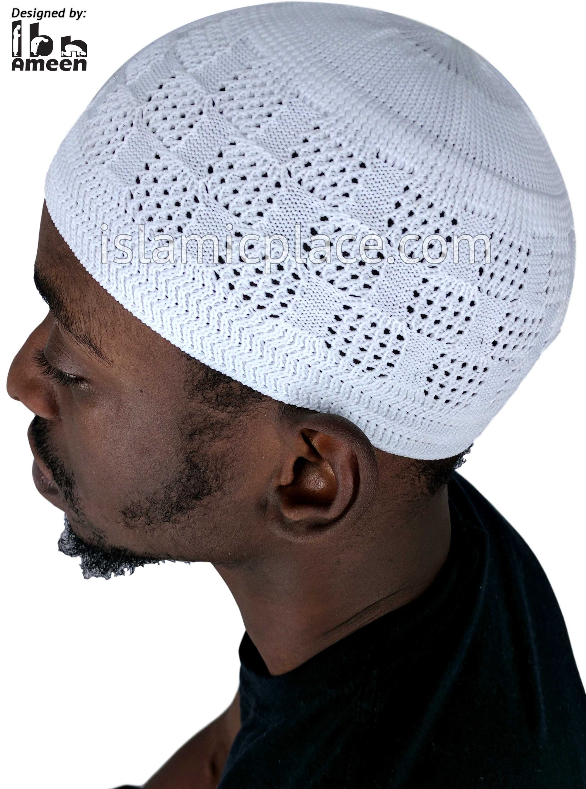 White - Elastic Knitted Rashid Designer Kufi