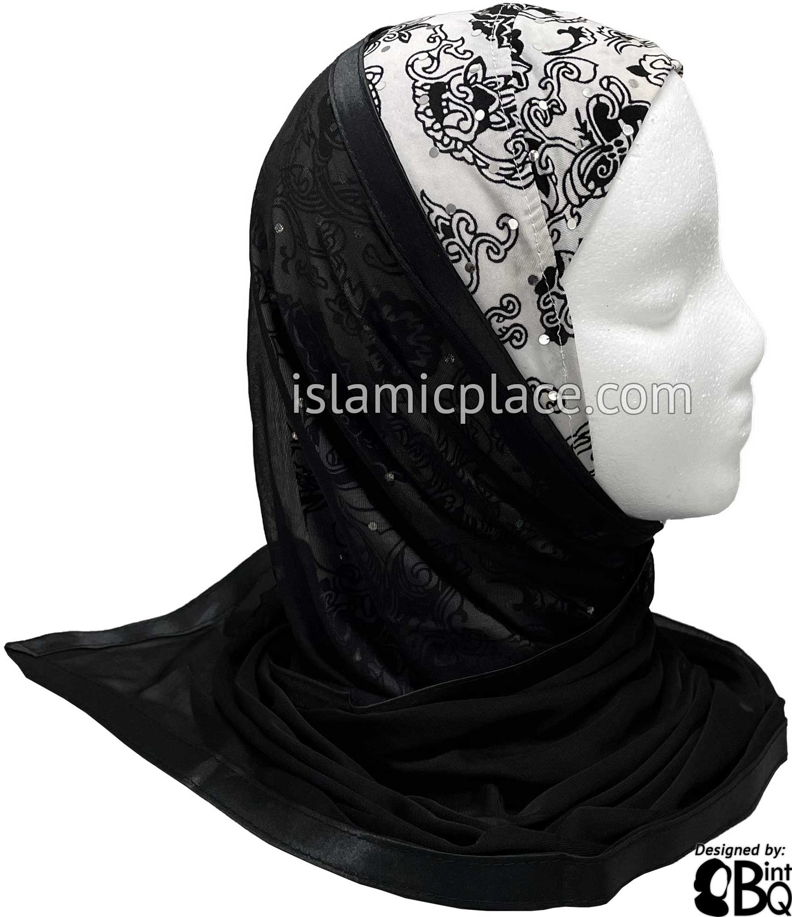 White and Black Victorian Design with Black Wrap - Kuwaiti Scarf