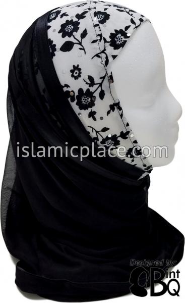 Black Flowers on White Base with Black Wrap - Kuwaiti Scarf