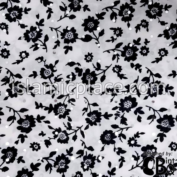 Black Flowers on White Base with Black Wrap - Kuwaiti Scarf