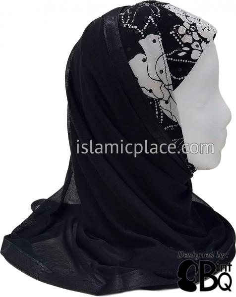 Black and White Flowers Alternating with Black Wrap - Kuwaiti Scarf