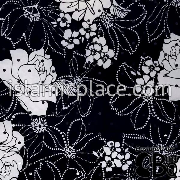 Black and White Flowers Alternating with Black Wrap - Kuwaiti Scarf