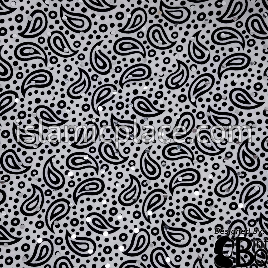Black Paisley and Polka Dot on White Base with White Wrap - Kuwaiti Scarf