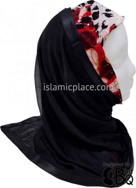 Red, Burgundy, and Black Design on White Base with Black Wrap - Kuwaiti Scarf