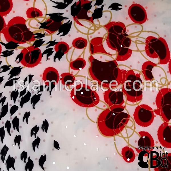 Red, Burgundy, and Black Design on White Base with Black Wrap - Kuwaiti Scarf