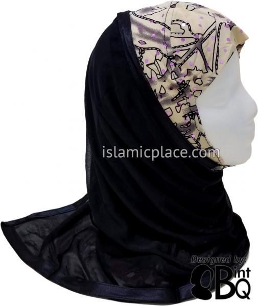 Plum and Black Abstract Design on Tan Base with Black Wrap - Kuwaiti Scarf