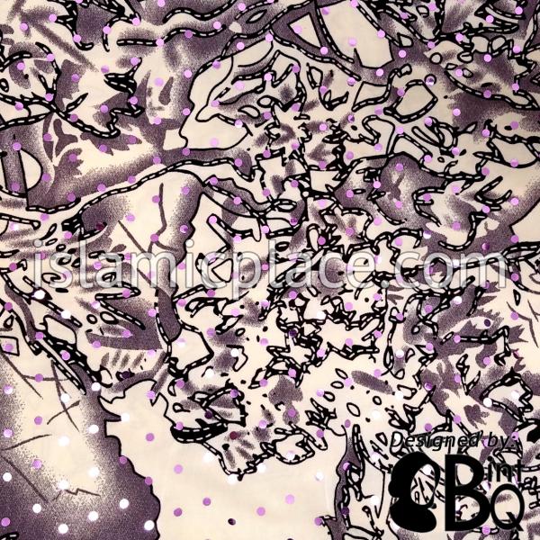 Plum and Black Abstract Design on Tan Base with Black Wrap - Kuwaiti Scarf