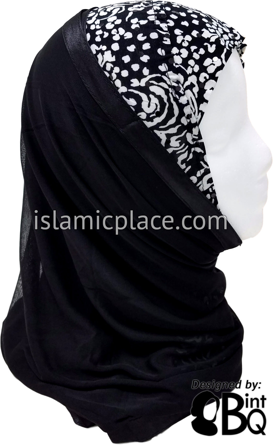 White Abstract Lines and Spots on Black Base with Black Wrap - Kuwaiti Scarf