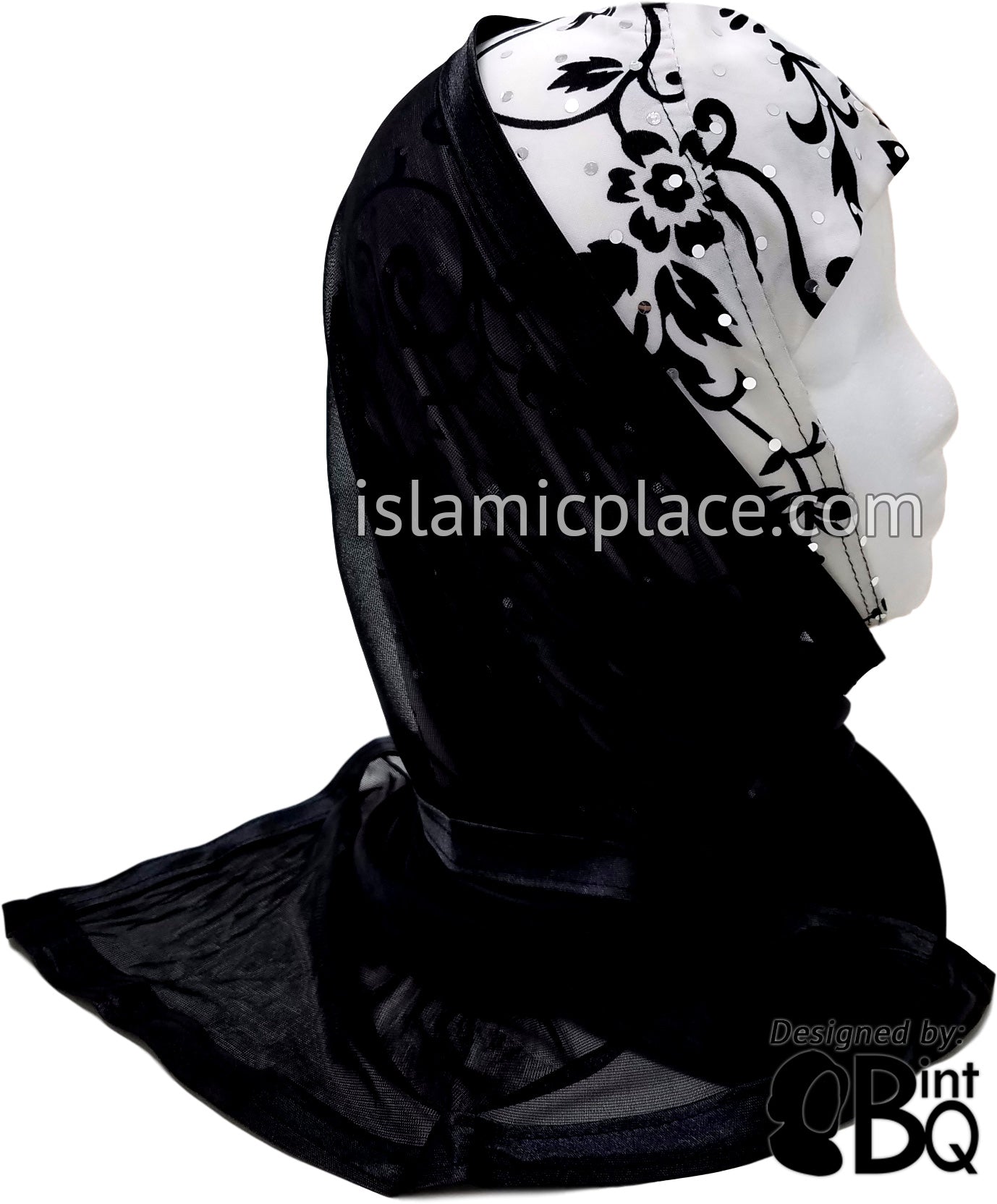 Black Flower, Leaf, and Stem Design on White Base with Black Wrap - Kuwaiti Scarf