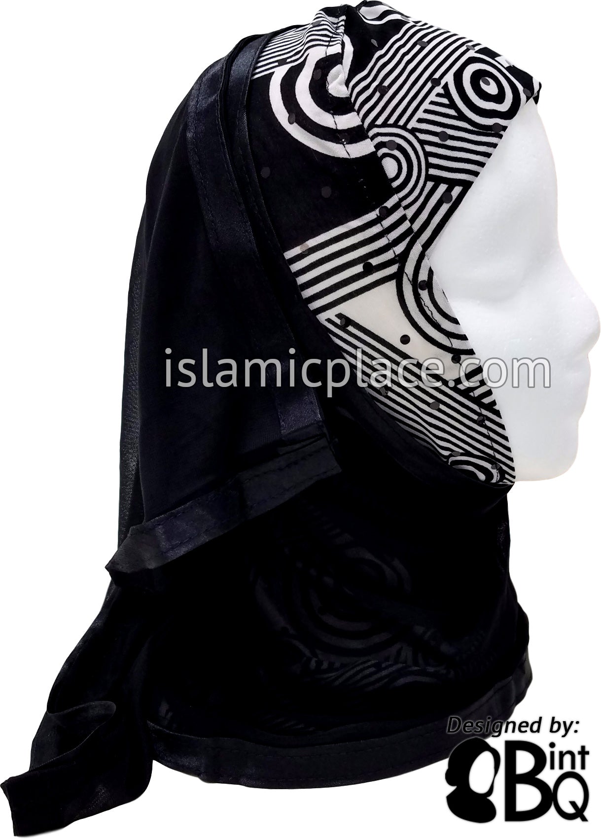 Black and White Ring Circles and Lines Design with Black Wrap - Kuwaiti Scarf
