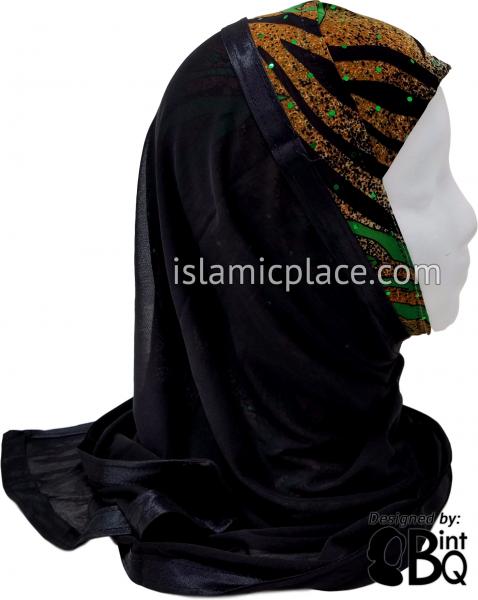Green and Black Leaf-like Design on Light Brown and White Base with Black Wrap - Kuwaiti Scarf