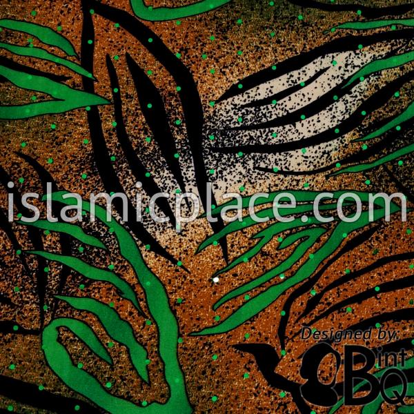 Green and Black Leaf-like Design on Light Brown and White Base with Black Wrap - Kuwaiti Scarf