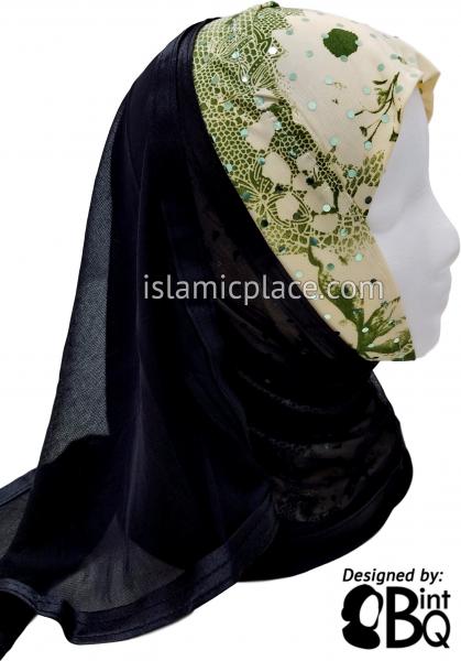 Olive and Cream Flower Print with Black Wrap - Kuwaiti Scarf