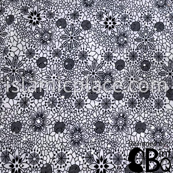 Black Flower Pattern with Black Waffle and Ring Circles on White Base with White Wrap - Kuwaiti Scarf