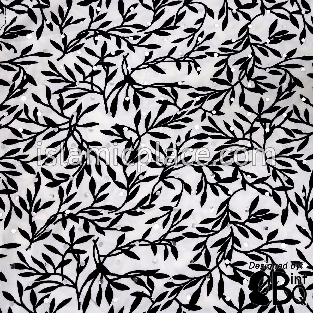 Black Leaf and Stem Design on White Base with Black Wrap - Kuwaiti Scarf